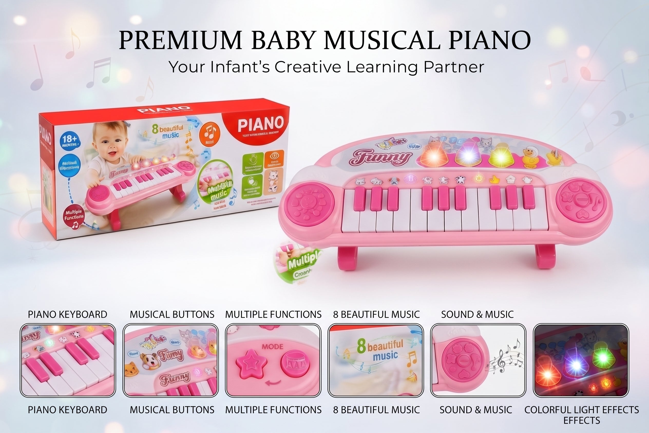 Baby Musical Piano Keyboard Toy – Pink Infant Learning Piano with 8 Melodies, Colorful Light-Up Effects, Multiple Tones, and Interactive Development Box