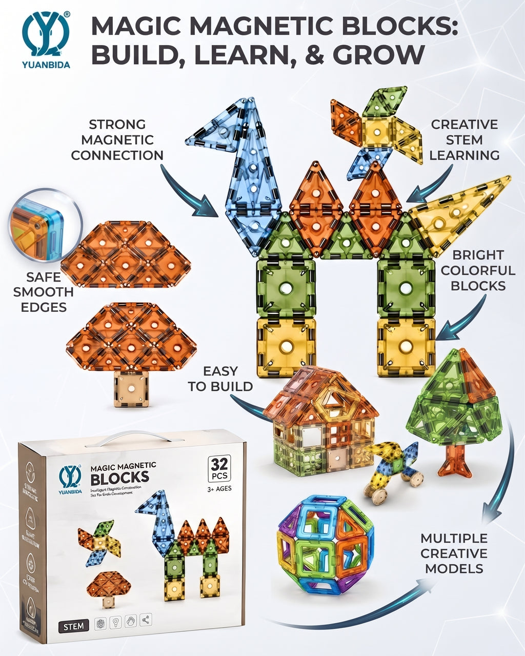 Magic Magnetic Blocks – 32-Piece STEM Educational Construction Toy Set with Transparent Colorful Tiles, Strong Magnets, and Creative Building Shapes for Kids Age 3+