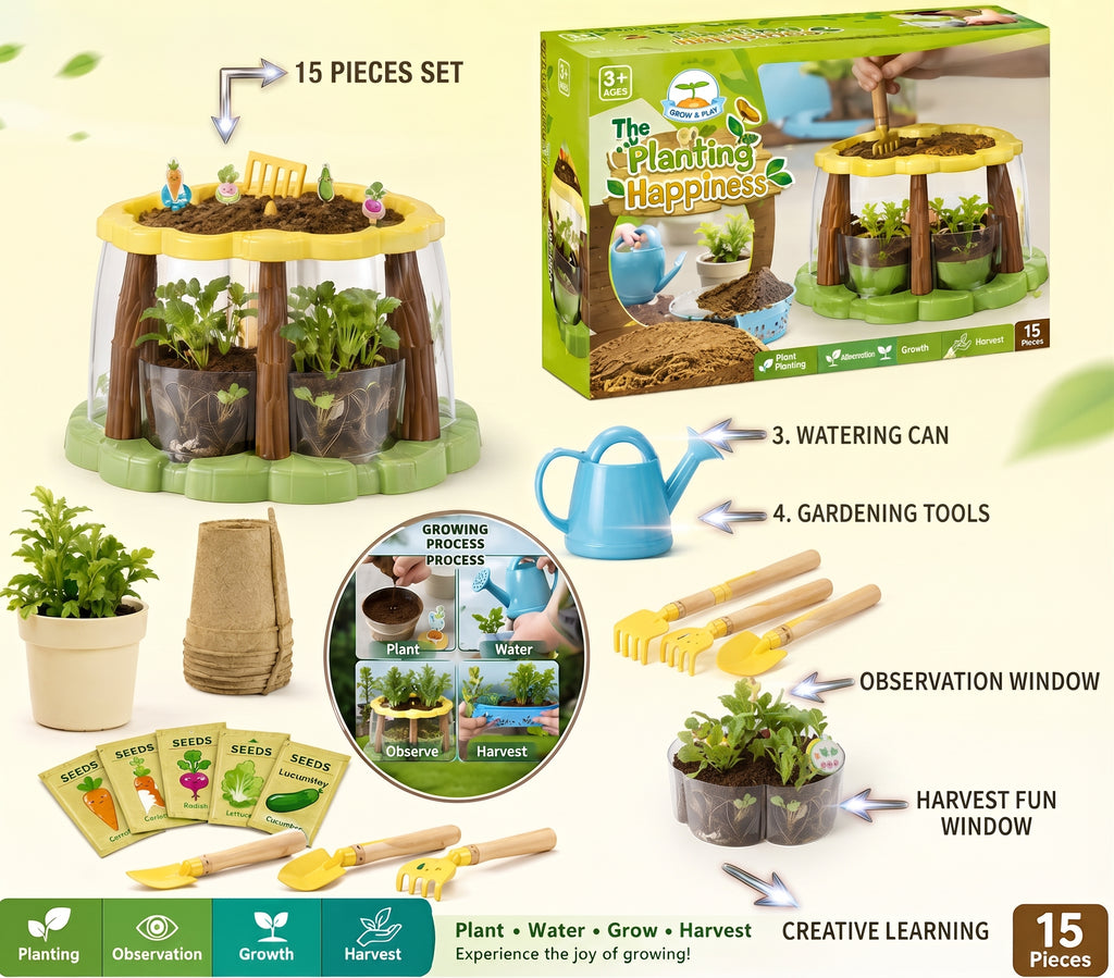 The Planting Happiness Grow & Play Garden Toy Set – 15-Piece Interactive Educational Plant Growing Kit with Transparent Root Observation Windows, Watering Can, and Tools for Kids Age 3+