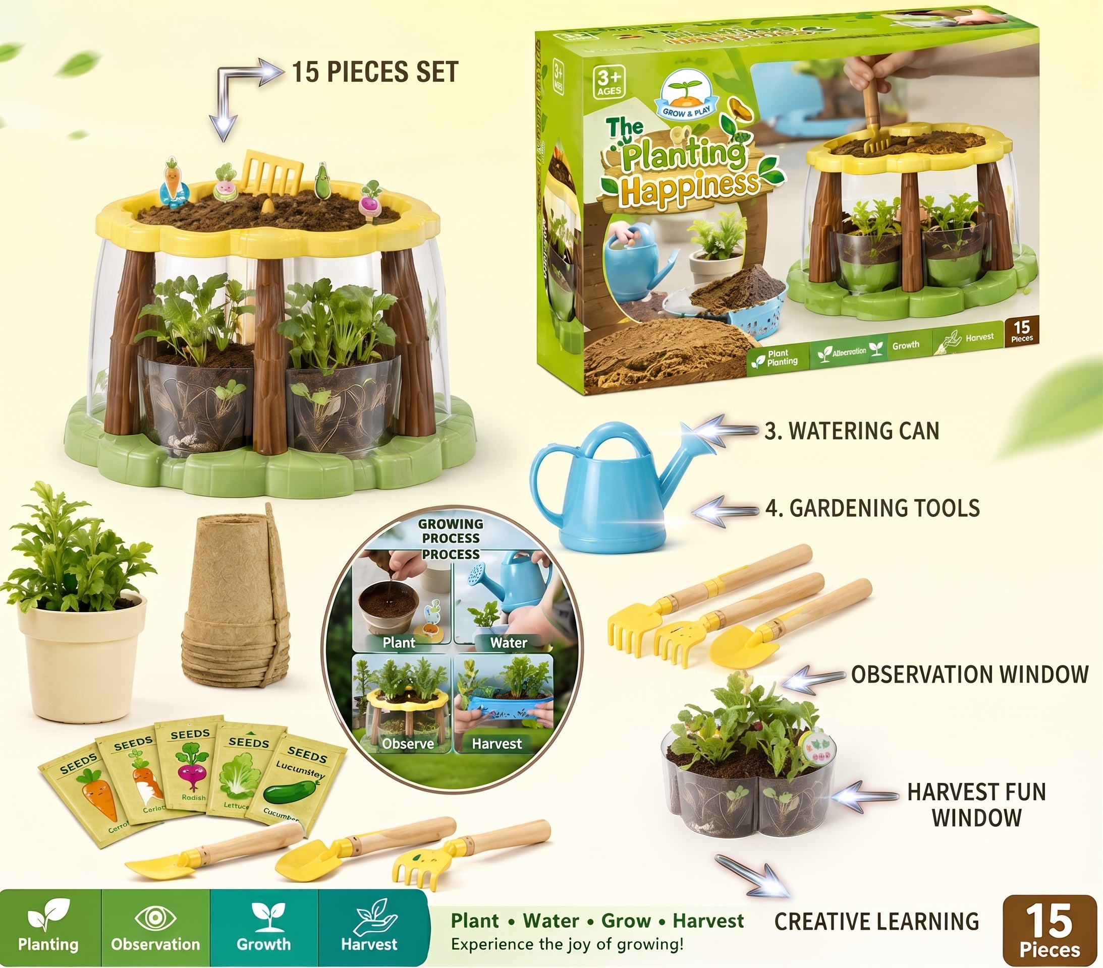 The Planting Happiness Grow & Play Garden Toy Set – 15-Piece Interactive Educational Plant Growing Kit with Transparent Root Observation Windows, Watering Can, and Tools for Kids Age 3+