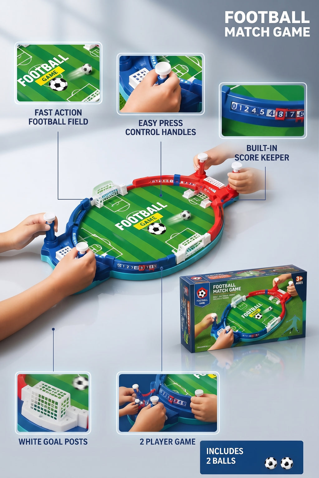 Tabletop Football Match Game - 2-Player Interactive Soccer Arena Toy with Easy Control Handles, Score Keeper, and 2 Balls for Kids