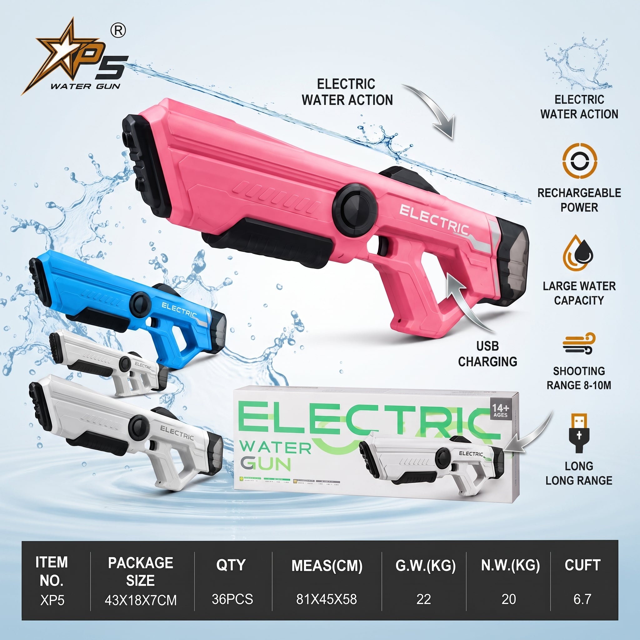 XP5 Electric Water Gun – Rechargeable Outdoor Water Blaster for Kids