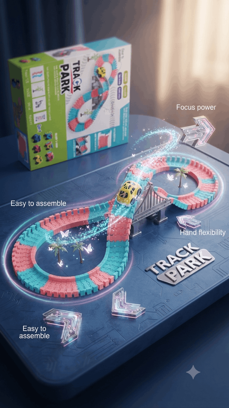 Track Park Magic Flexible Race Track Set – DIY Building Track with Toy Car, Bridge, and Palm Trees for Kids