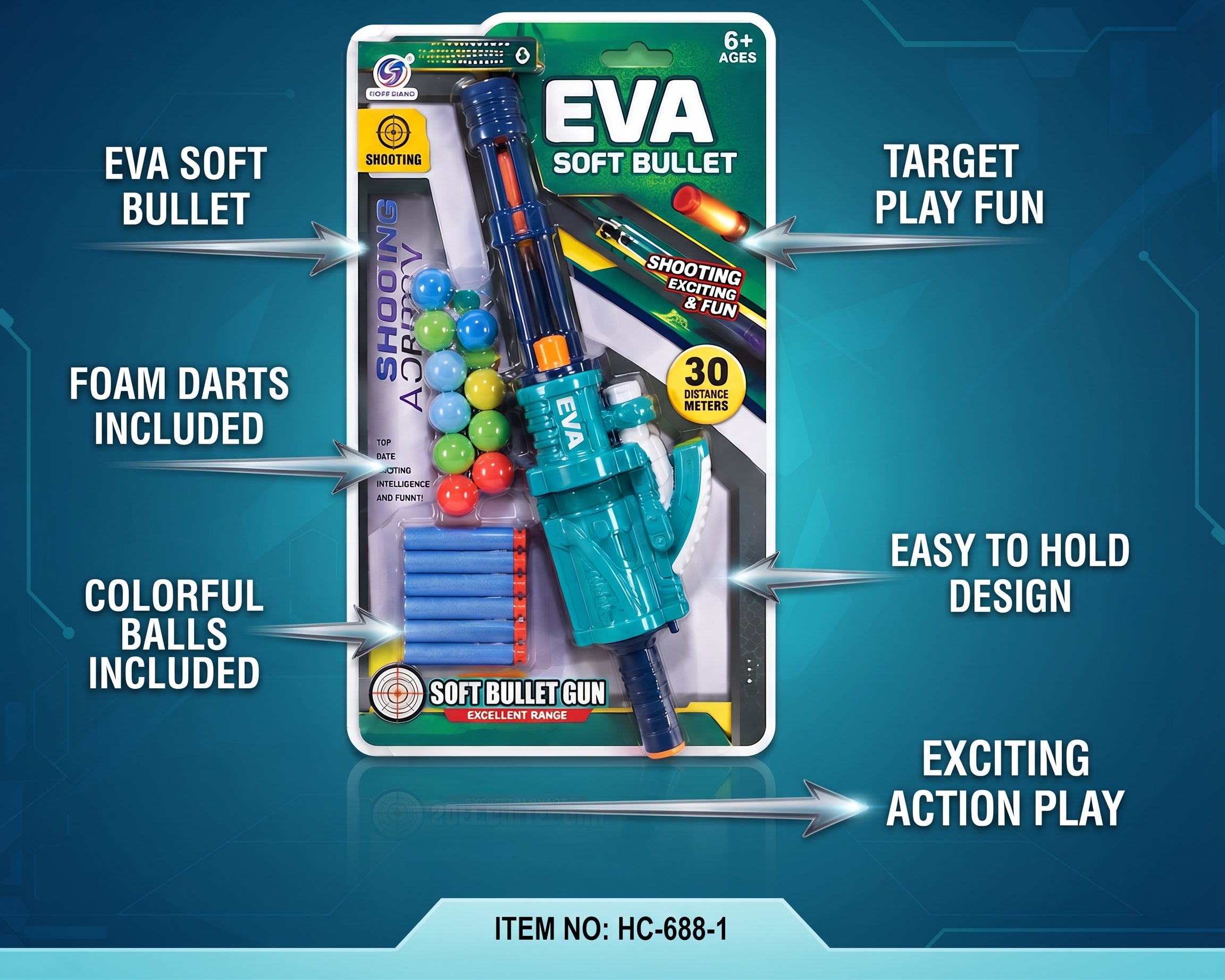 EVA Soft Bullet Gun Toy Set (Item No. HC-688-1) – Foam Dart and Colorful Ball Blaster with Multi-Shot Barrel, 15 Soft Darts, and Display Box for Kids Age 6+