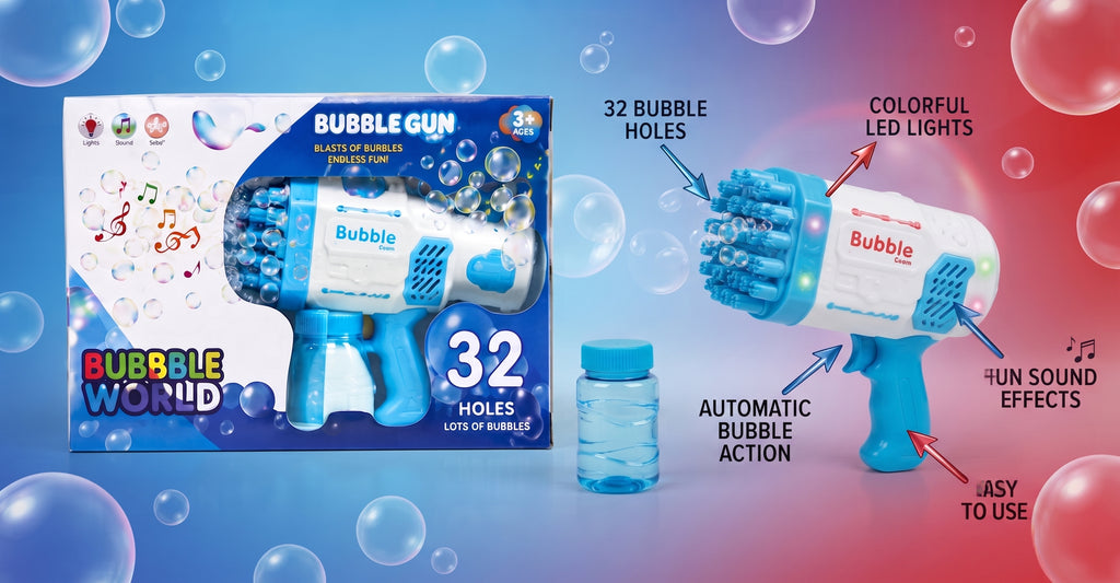32 Holes Automatic Bubble Gun for Kids – Bubble Blaster with Lights & Sound