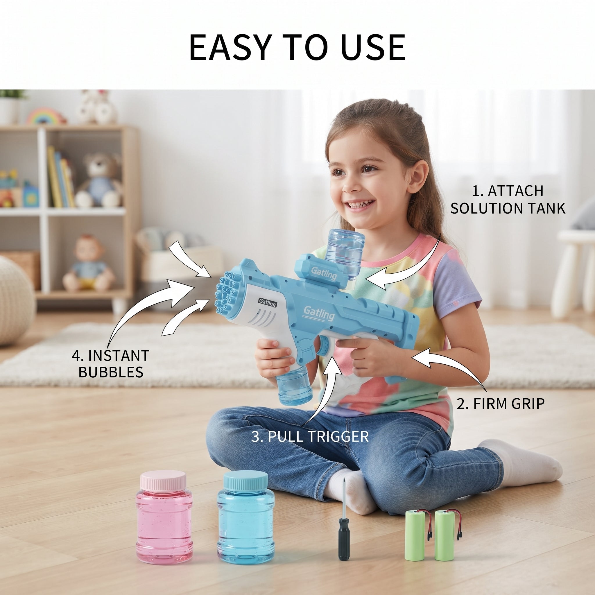 Automatic Gatling Bubble Gun Toy with Light & Sound, Bubble Machine Blaster with Refill Solution, Batteries, and Screwdriver - Pink & Blue Variant