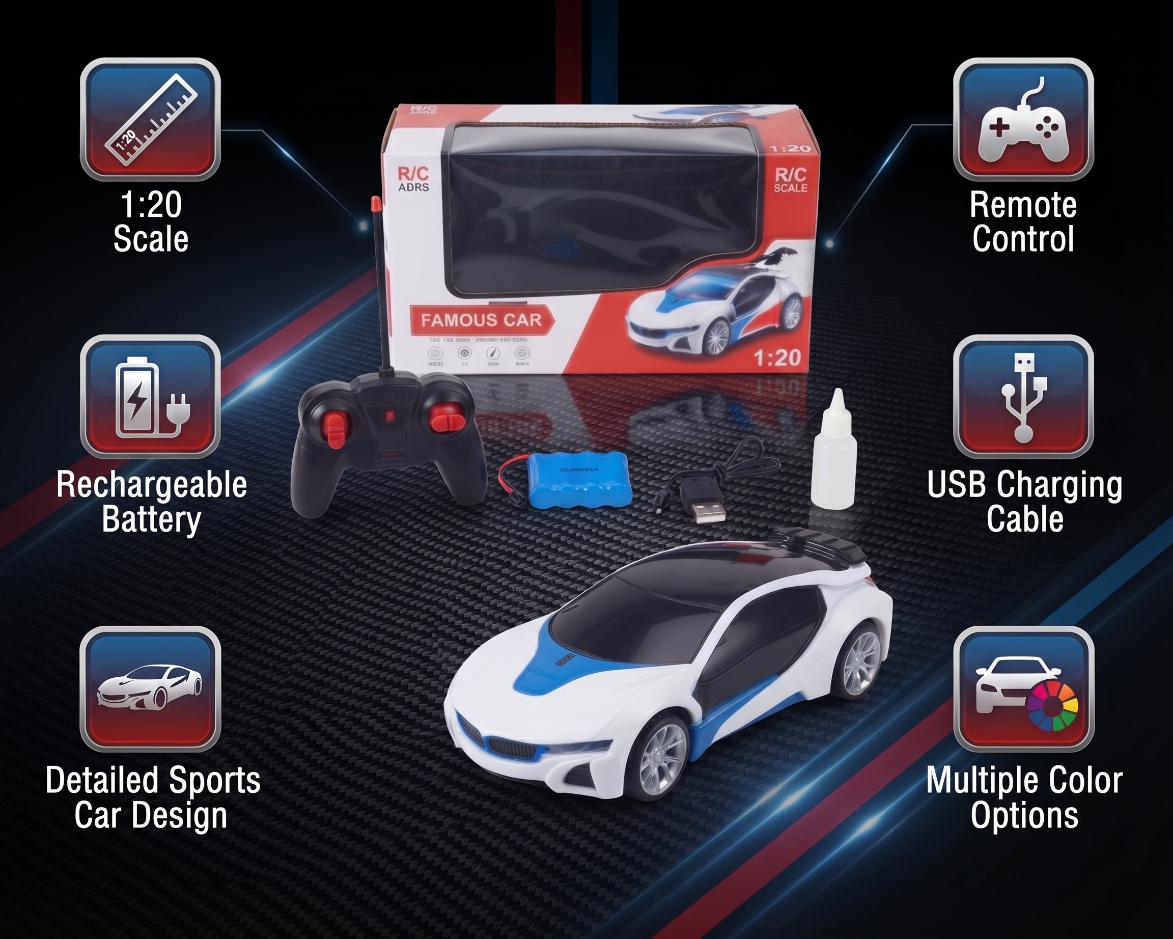 1:20 Scale Remote Control Sports Car – Rechargeable RC Racing Toy for Kids
