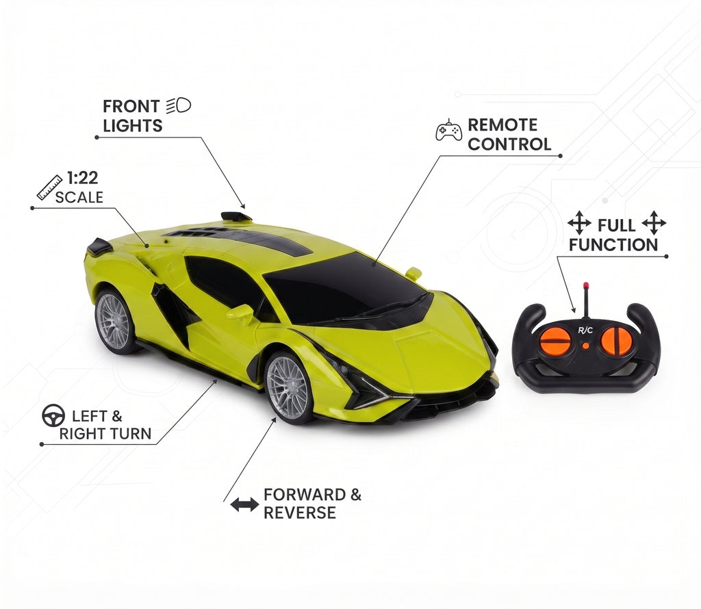 Control SportyCar - Neon Green RC Sports Racing Car with Functional Headlights & Radio Control Transmitter, Toy for Kids