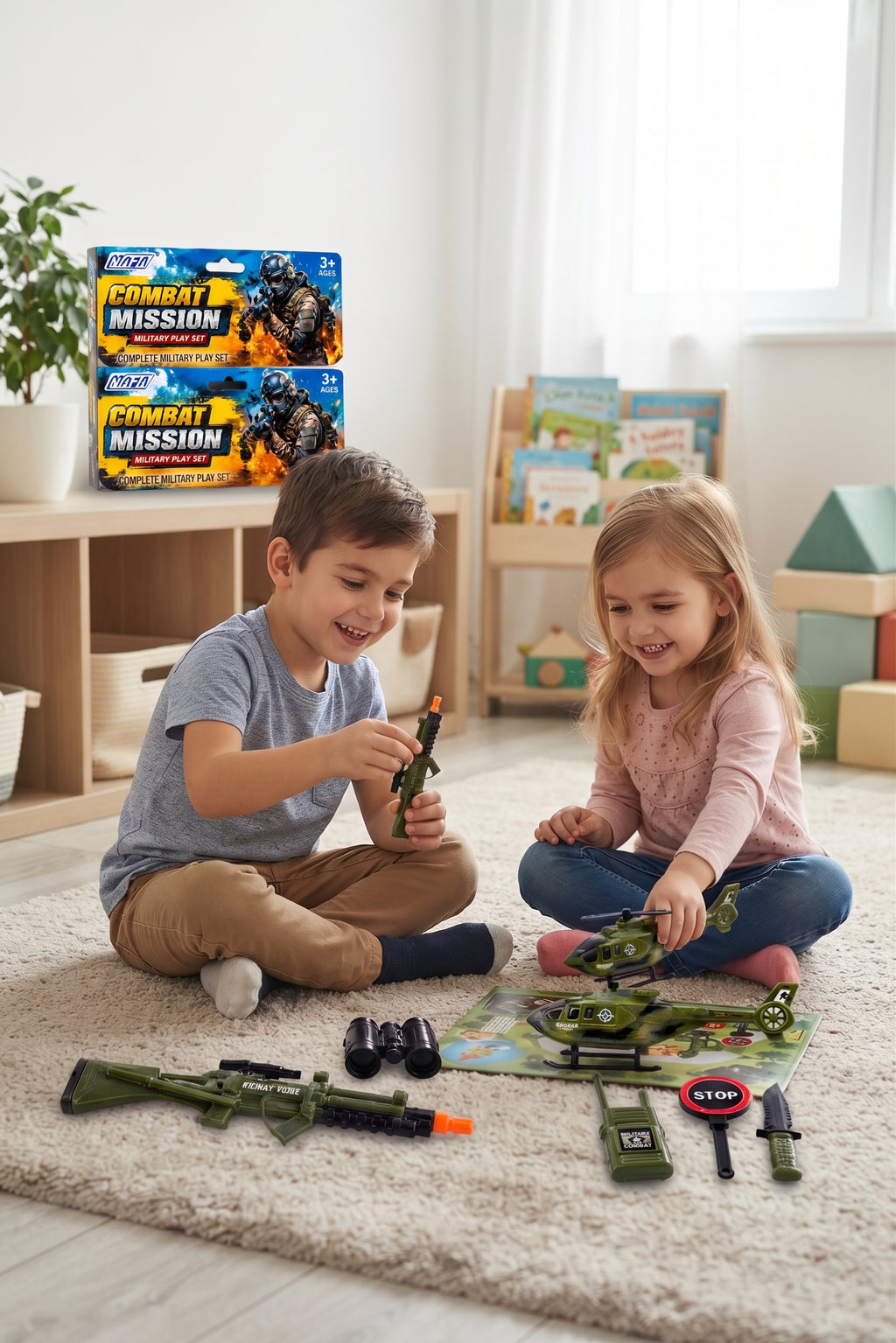 Combat Mission Military Play Set – Action-Packed 4-Inch Toy Soldier, Camouflage Helicopter, Rifle, Binoculars, and Role-Play Gear for Kids Age 3+