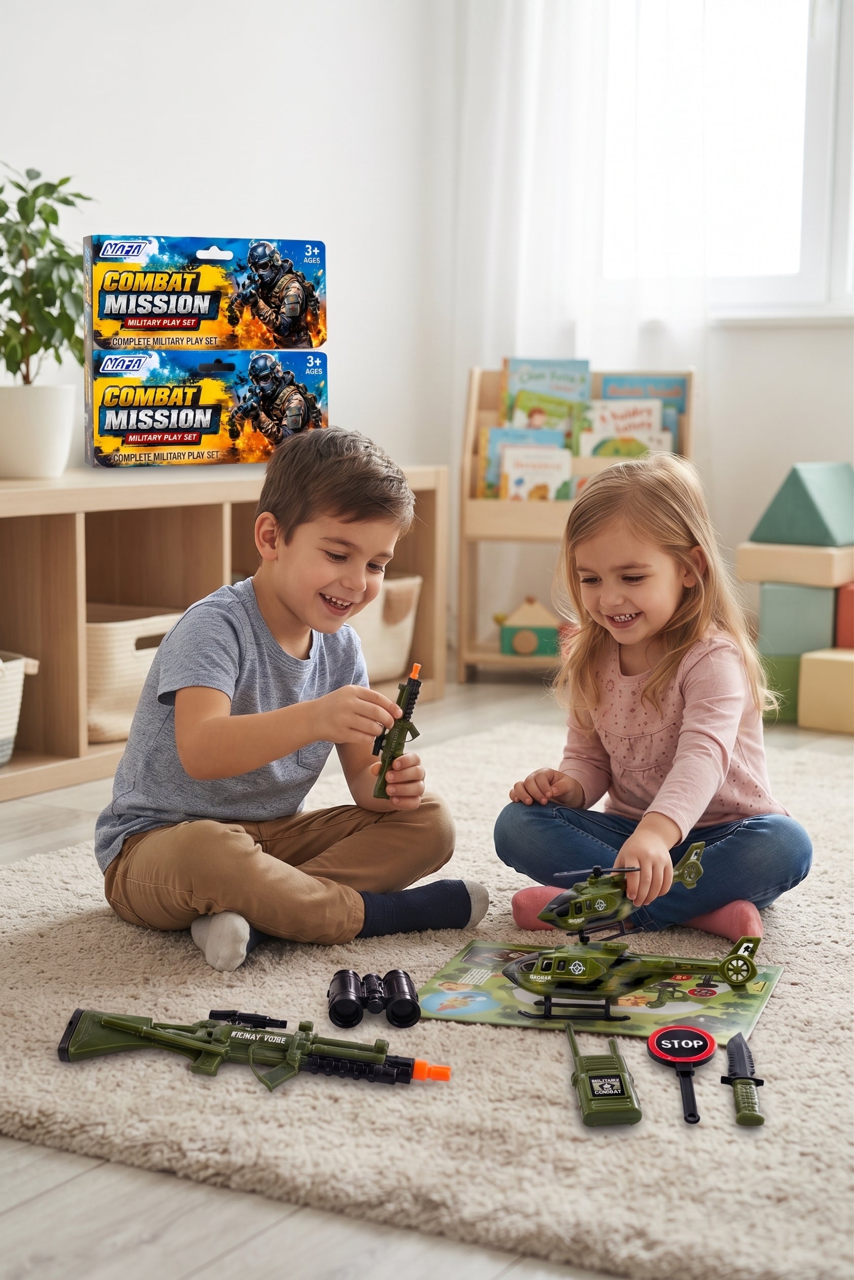 Combat Mission Military Play Set – Action-Packed 4-Inch Toy Soldier, Camouflage Helicopter, Rifle, Binoculars, and Role-Play Gear for Kids Age 3+