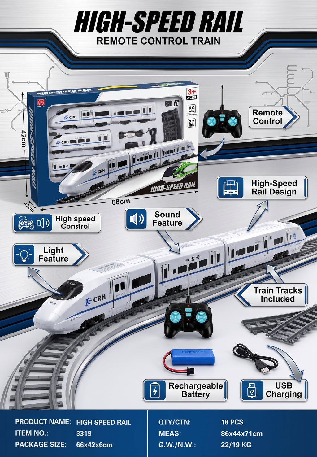 Remote Control High-Speed Rail Train Set with Tracks – Rechargeable Kids Toy