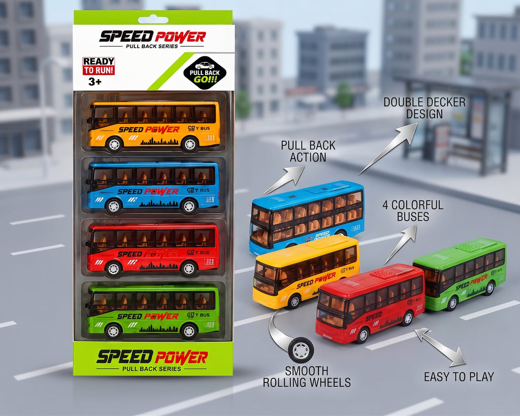 Pull Back Double Decker City Bus Toy Set – 4 Colorful Mini Buses for Kids