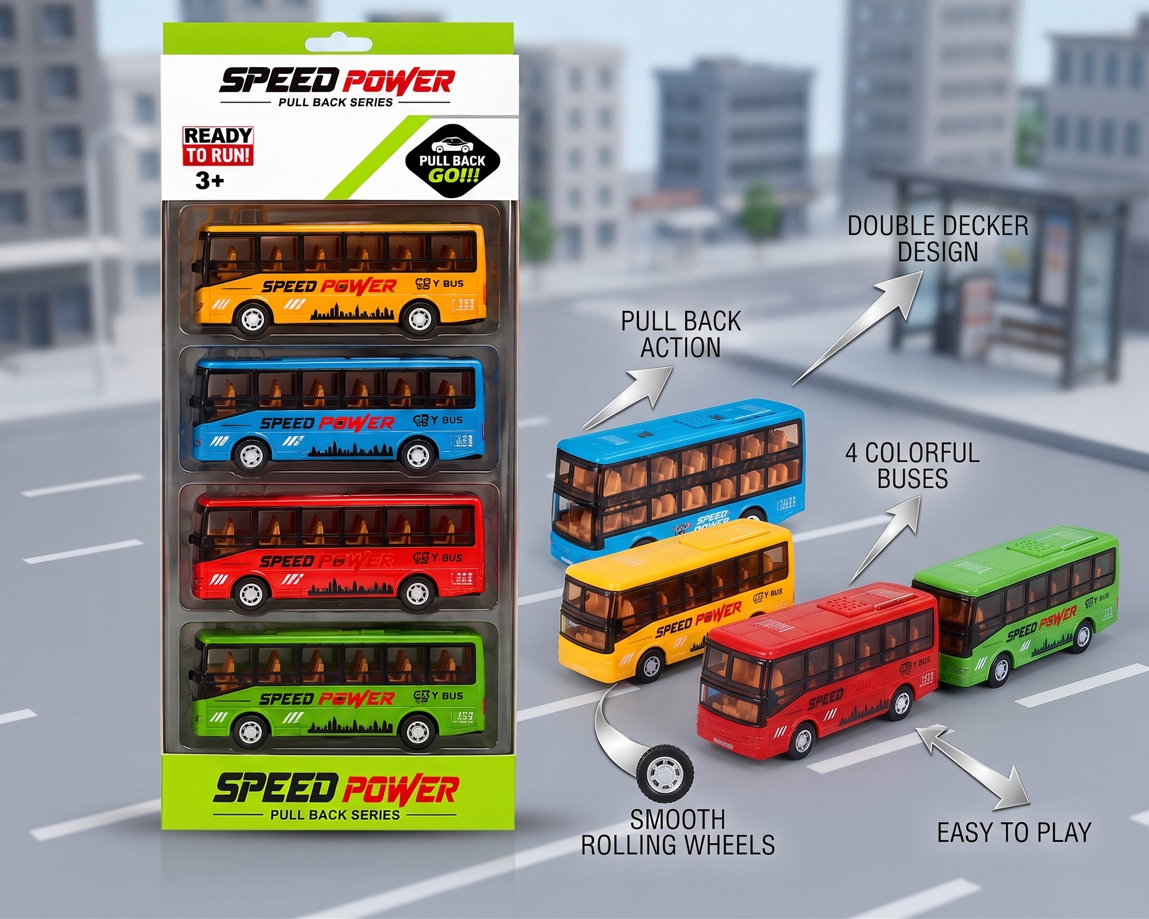 Pull Back Double Decker City Bus Toy Set – 4 Colorful Mini Buses for Kids