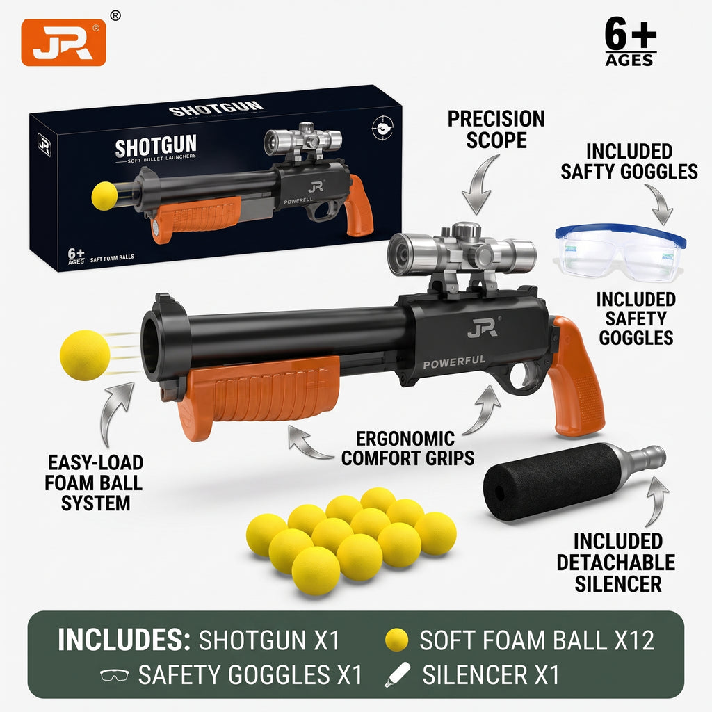 Kids Shotgun Toy with 12 Soft Foam Balls | Toy Blaster Gun with Safety Goggles & Silencer | Ages 6+