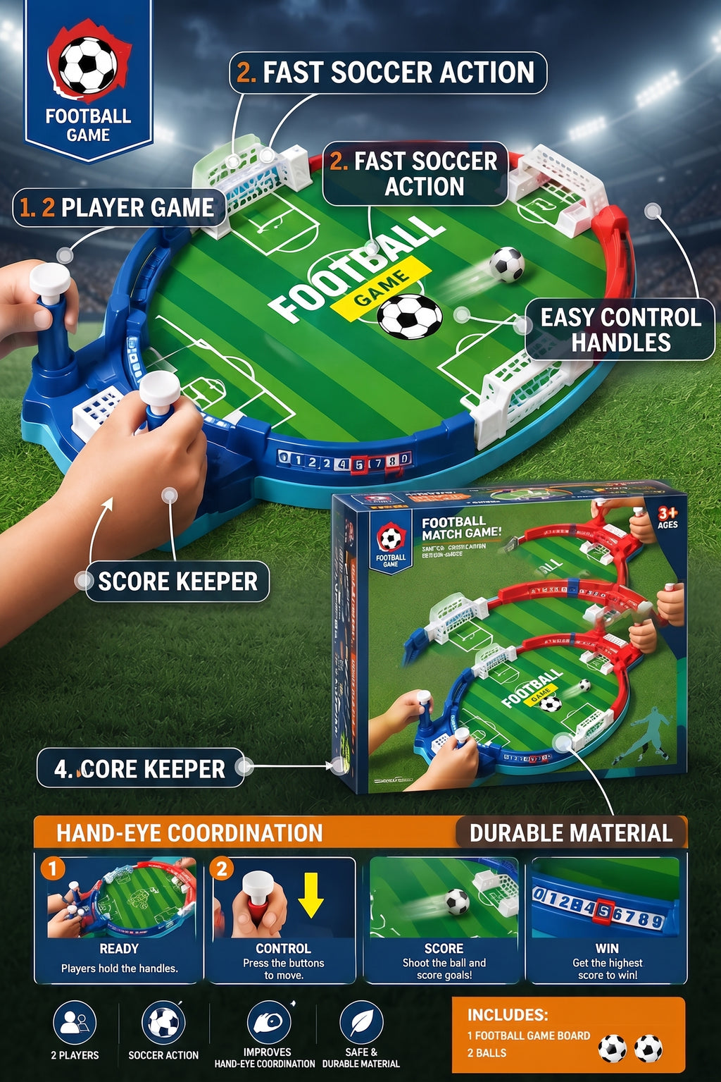 Tabletop Football Match Game - 2-Player Interactive Soccer Arena Toy with Easy Control Handles, Score Keeper, and 2 Balls for Kids
