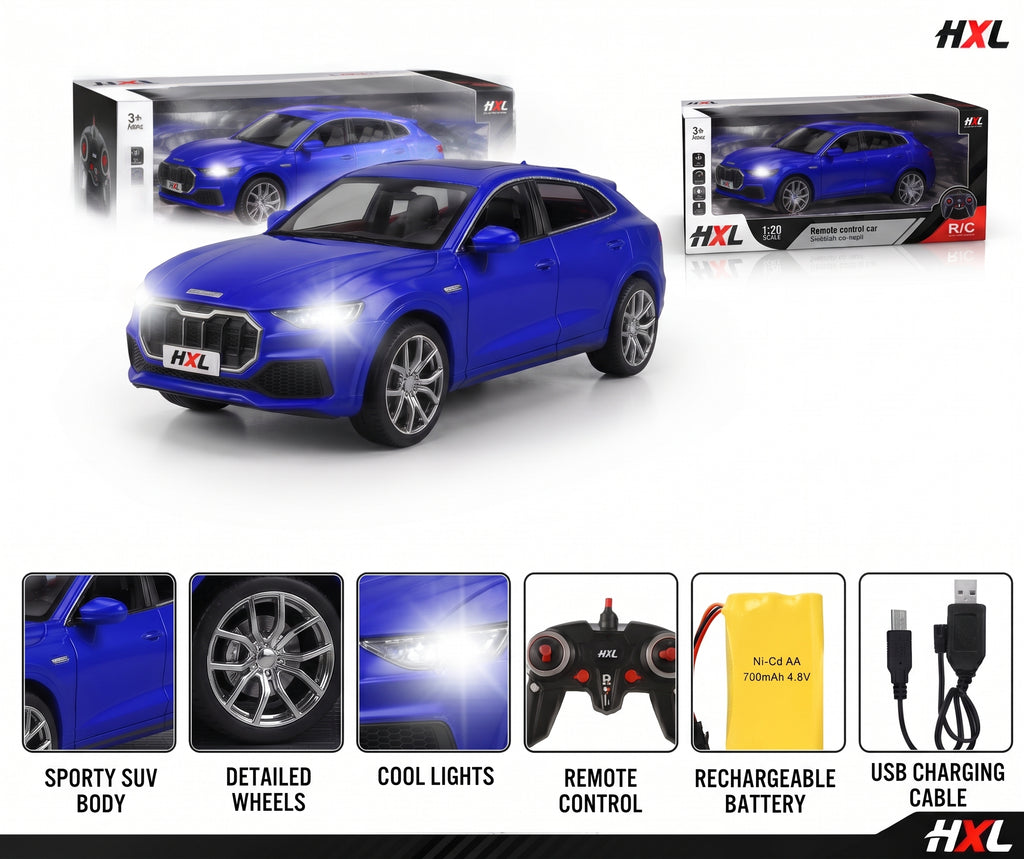 1:20 Scale Rechargeable Remote Control SUV Car – Full Function RC Toy Vehicle with Cool LED Headlights, Ergonomic Controller, USB Charging Cable, and Gift Box
