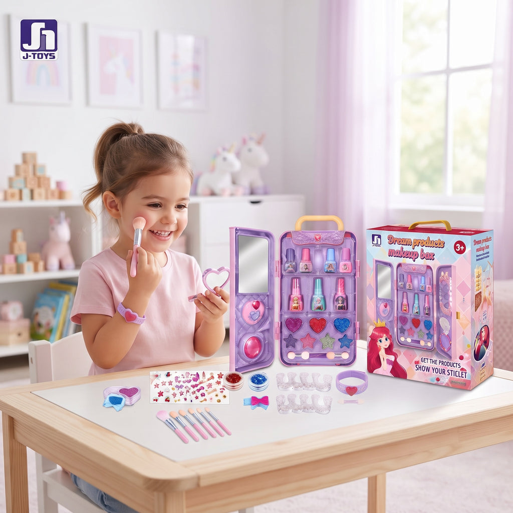 Dream Products Kids Makeup Box | Portable Pretend Play Beauty Set with Mirror & Accessories