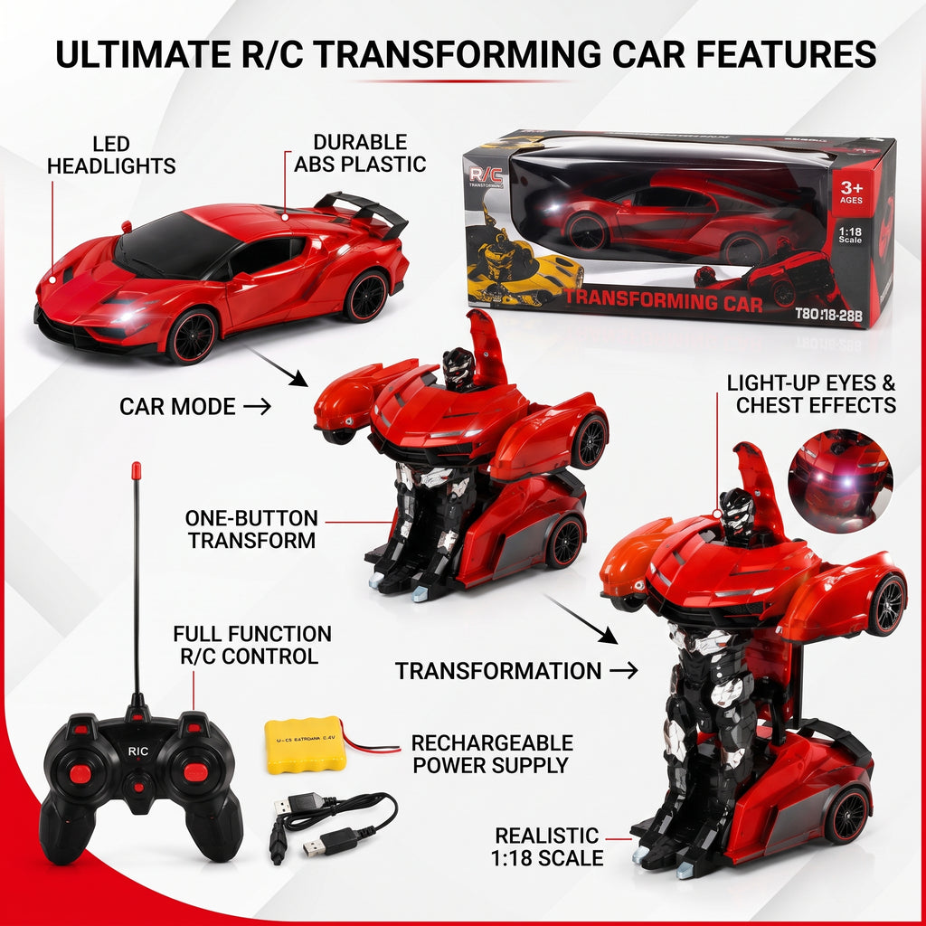 Remote Control Transforming Robot Car | 1:18 Scale Rechargeable RC Car and Robot Toy