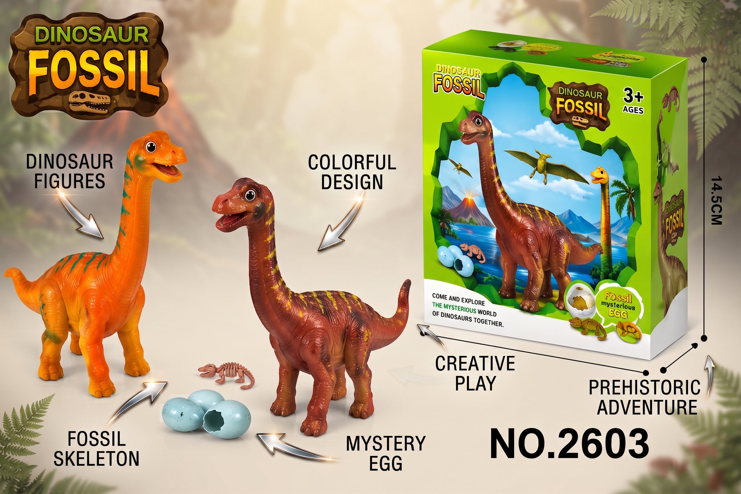 Dinosaur Fossil Egg Toy Set – Prehistoric Brachiosaurus Figures with Fossil Skeletons, Hatching Mystery Eggs, and Display Box for Kids Age 3+