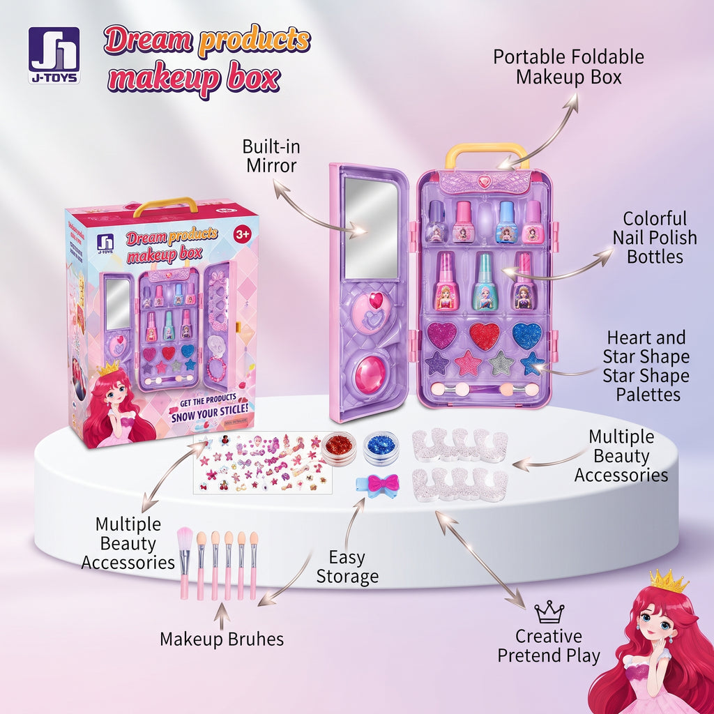 Dream Products Kids Makeup Box | Portable Pretend Play Beauty Set with Mirror & Accessories
