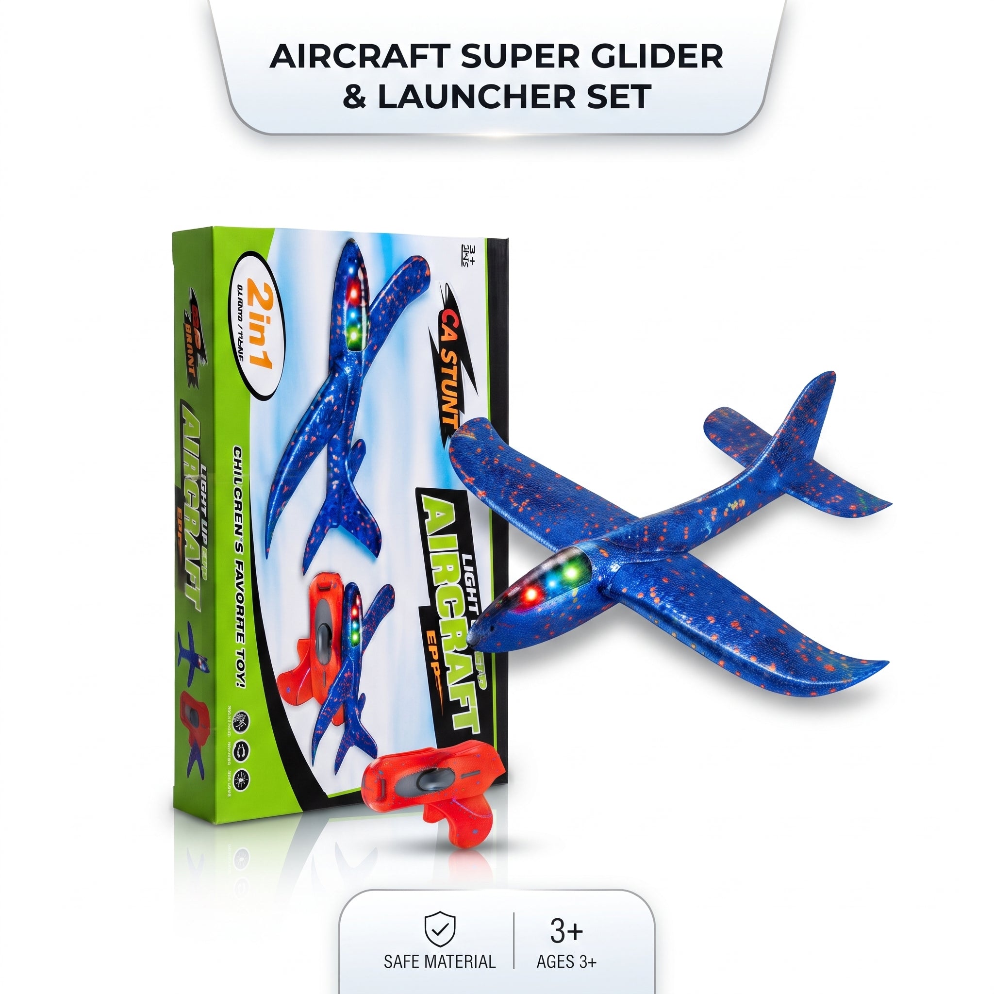AIRCRAFT Super Glider Foam Airplane Toy with Launcher | LED Light Flying Plane for Kids