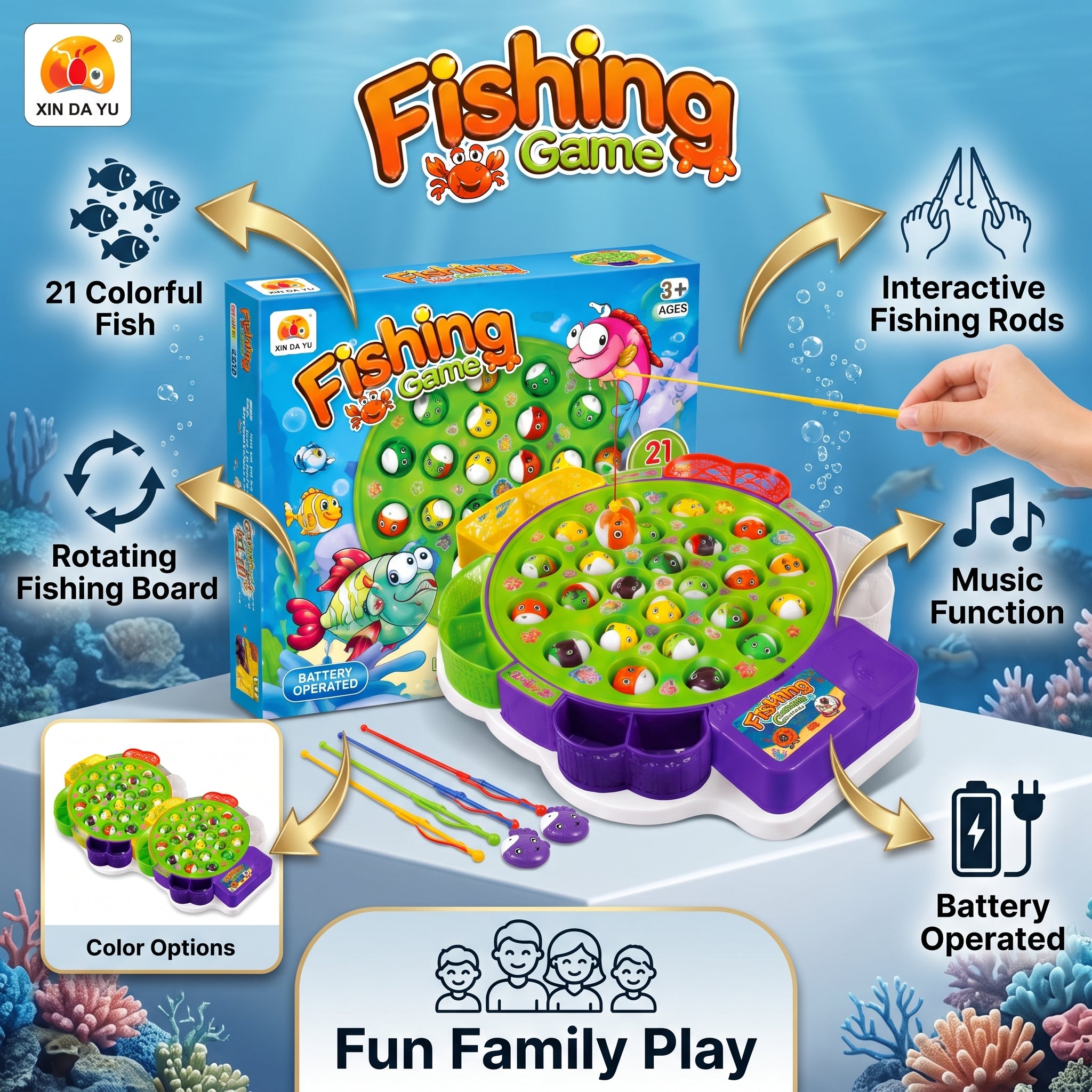 21 Fish Rotating Fishing Game for Kids | Musical Battery Operated Fishing Toy with 4 Rods