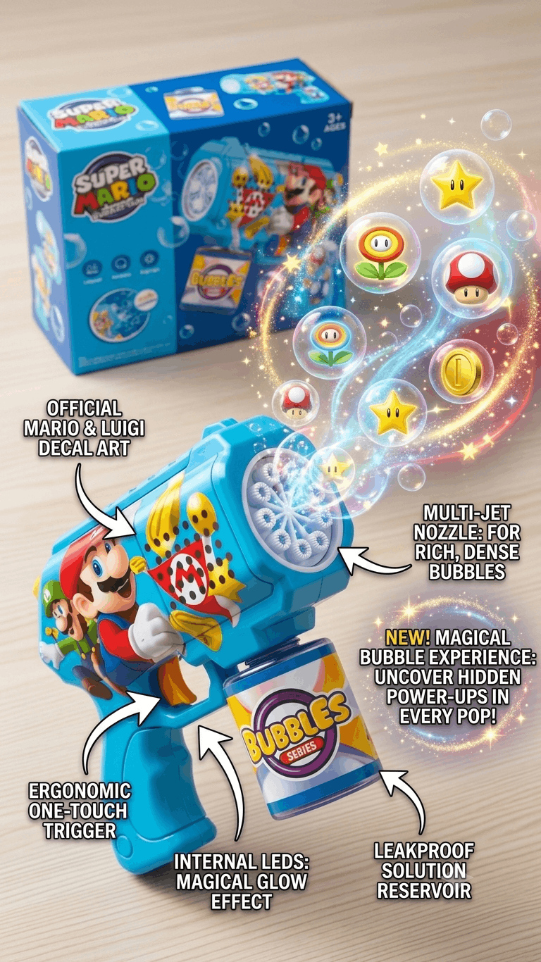 Super Mario Bubble Gun – Automatic Bubble Blower Toy with Rich Bubbles and Bright LED Lights for Kids (3+ Years)