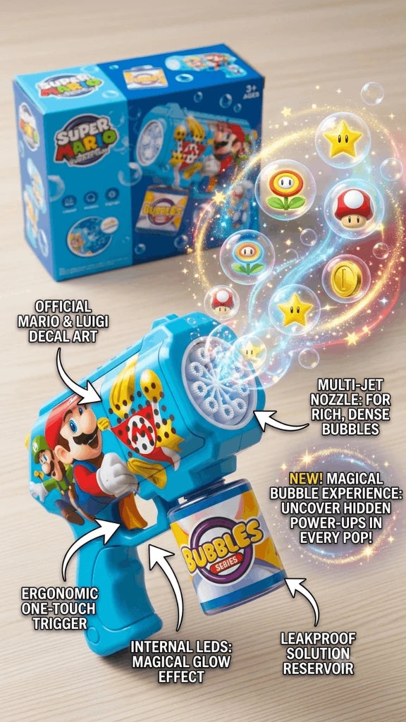 Super Mario Bubble Gun – Automatic Bubble Blower Toy with Rich Bubbles and Bright LED Lights for Kids (3+ Years)