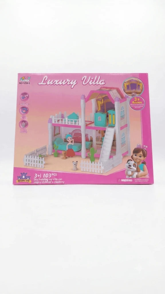 Luxury Villa 3-in-1 DIY Dollhouse Building Toy – 103-Piece Pretend Play Castle Set with Mini Figures and Furniture for Kids (3+ Years)