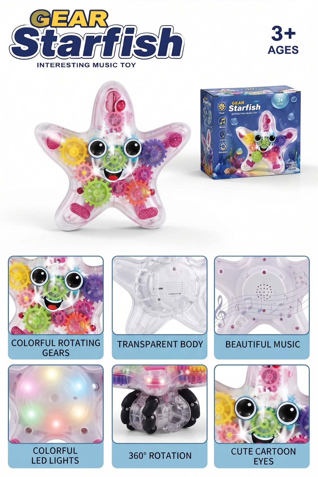 Gear Starfish Interesting Music Toy – Transparent Moving Mechanical Starfish with Colorful Rotating Gears, LED Lights, and 360° Rotation