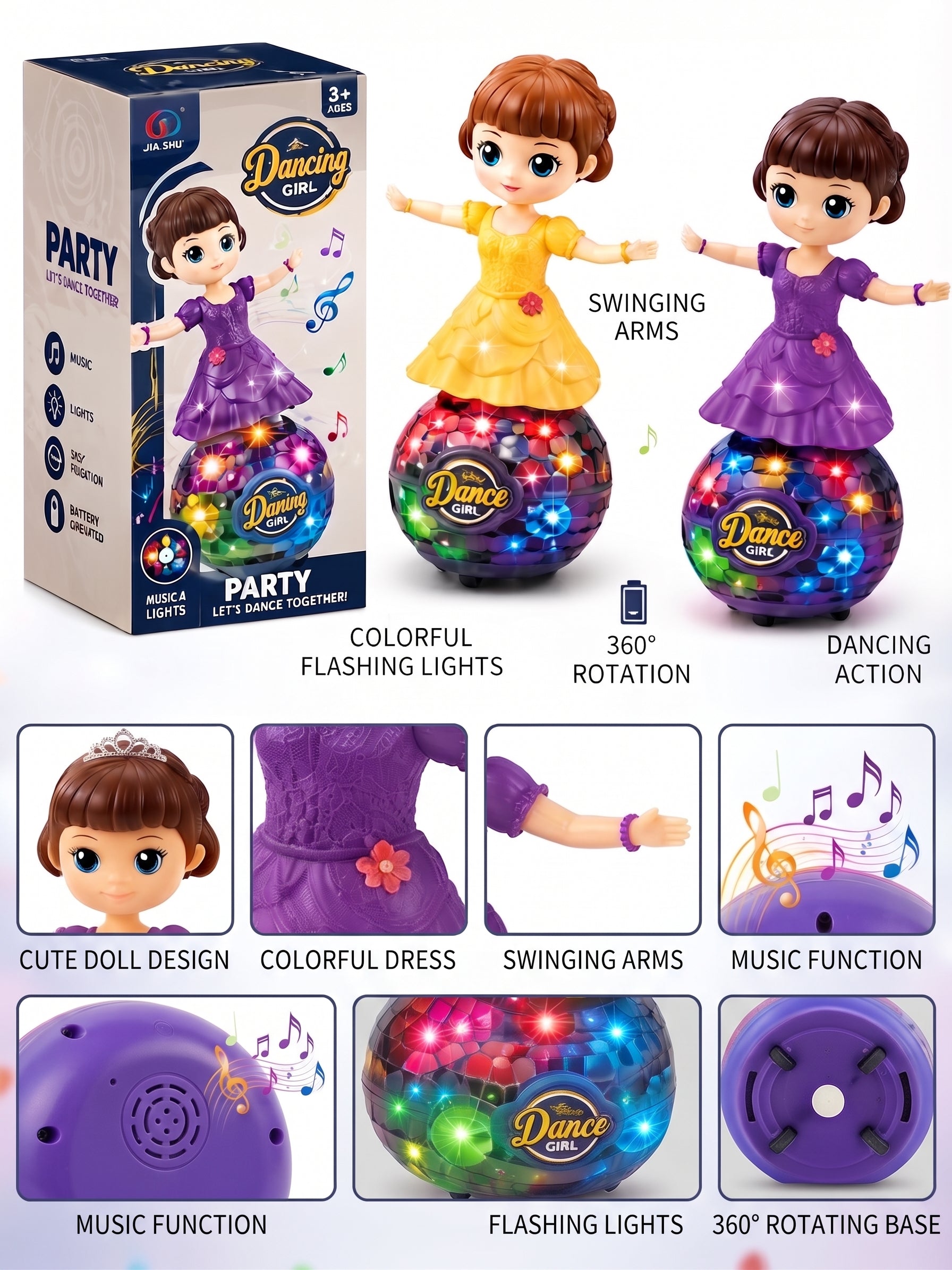 Dancing Girl Musical Toy – Rotating Electronic Doll with Dazzling Disco Ball Base, Colorful Flashing Lights, Cheerful Tunes, and Swinging Arms for Kids
