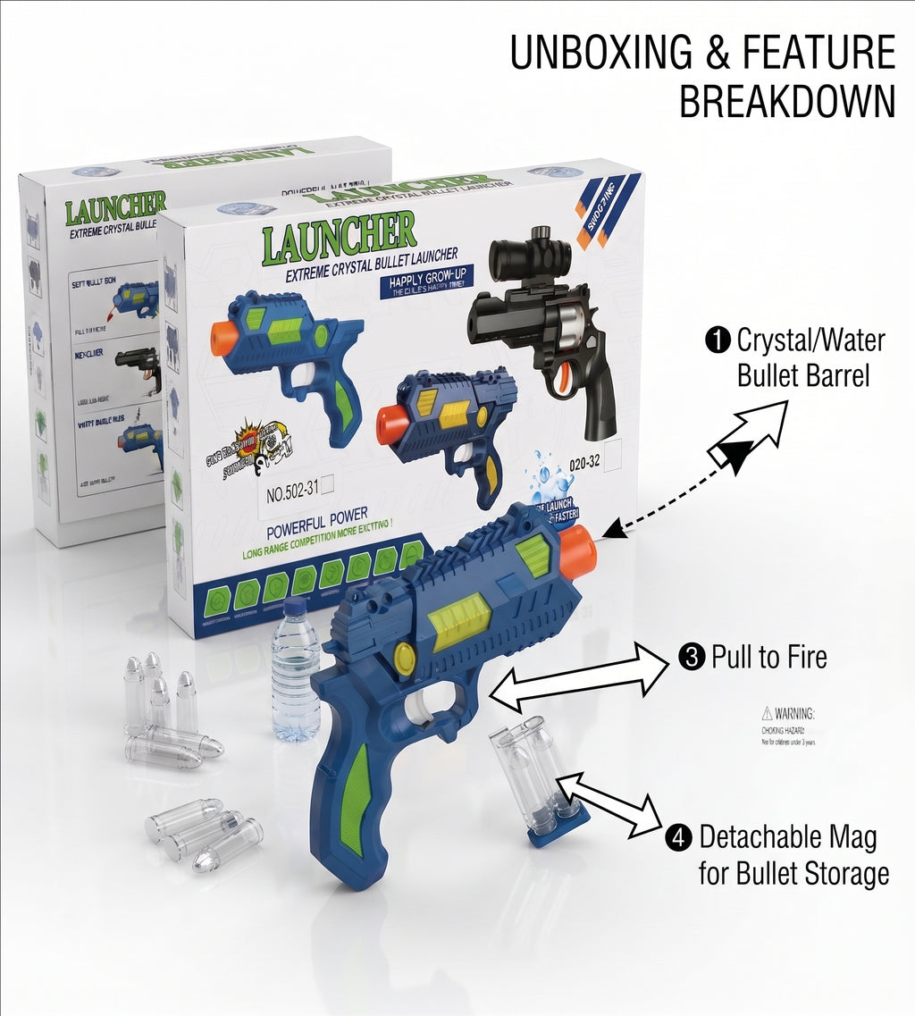 Launcher Extreme Crystal Bullet Blaster – Blue & Green Toy Soft Bullet & Water Ammo Gun Set with Target Box (3+ Years)