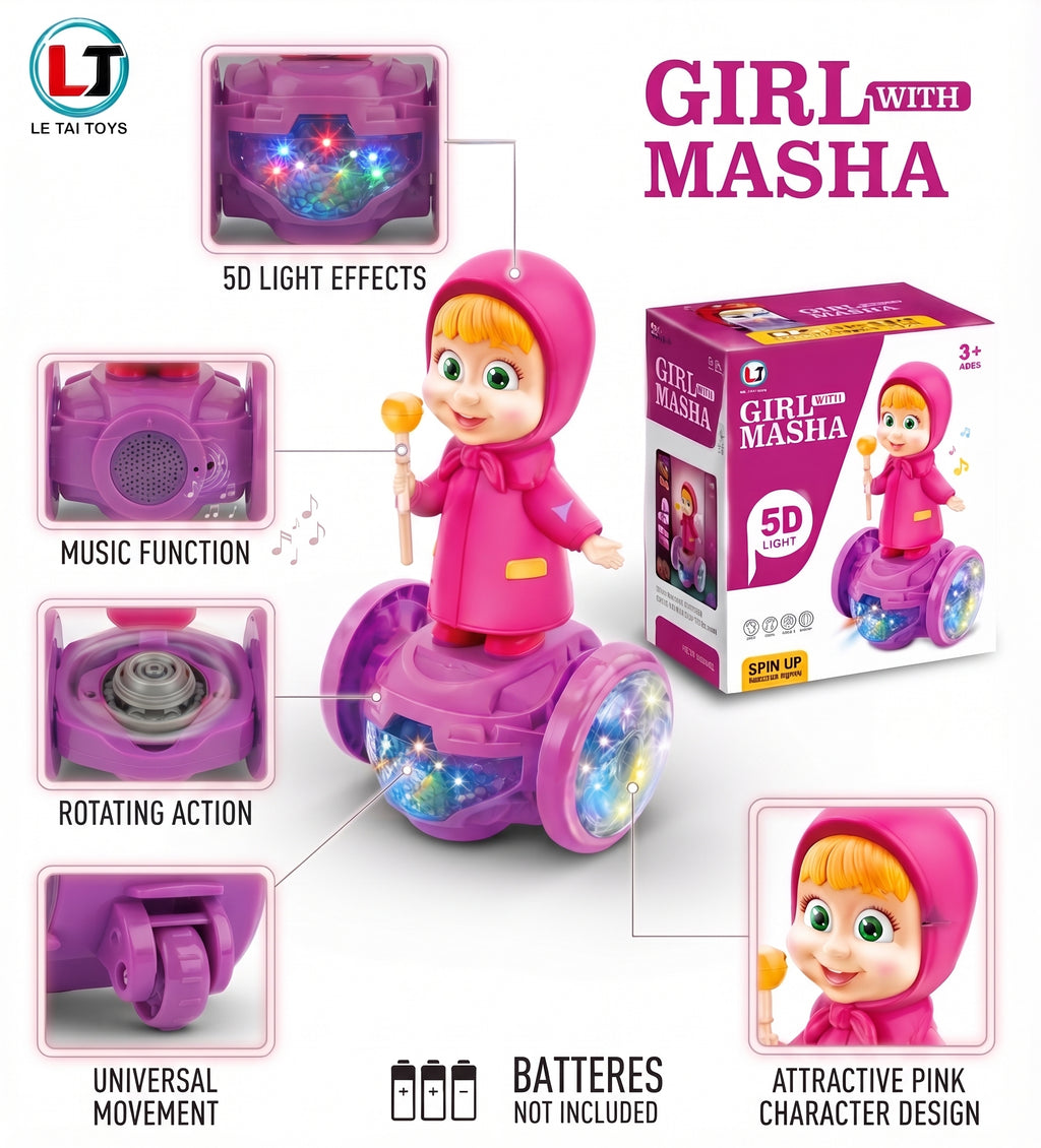 Girl with Masha - 5D Light & Musical Rotating Toy with Universal Movement and Dazzling Colorful Lights