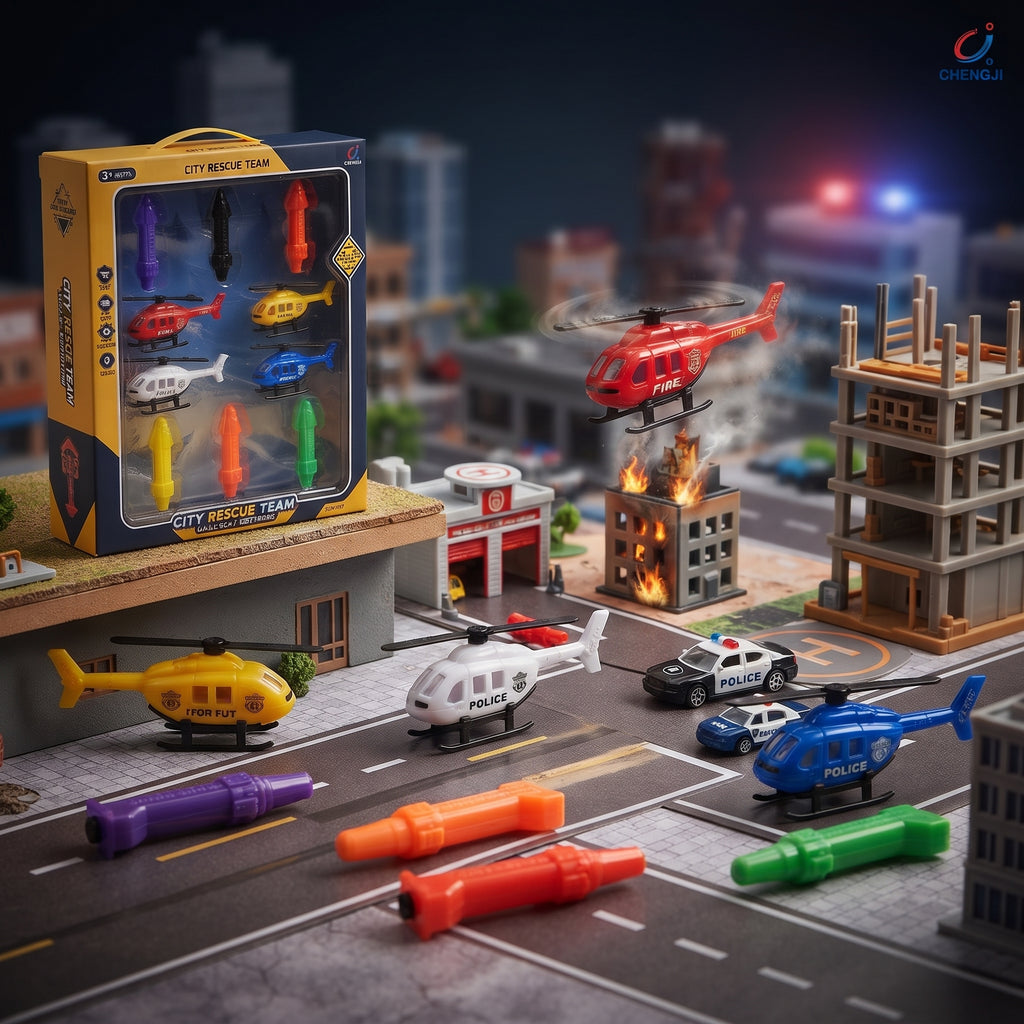 City Rescue Team Pull Back Helicopter Toy Set – 4 Mini Helicopters with Launchers