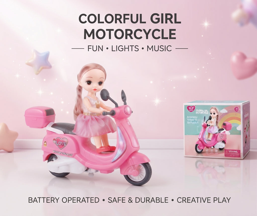 Colorful Girl Motorcycle Doll Toy – Pink Electric Scooter Play Set with Cute Fashion Doll, Working LED Headlight, Music, and Battery-Operated Action for Kids Age 3+
