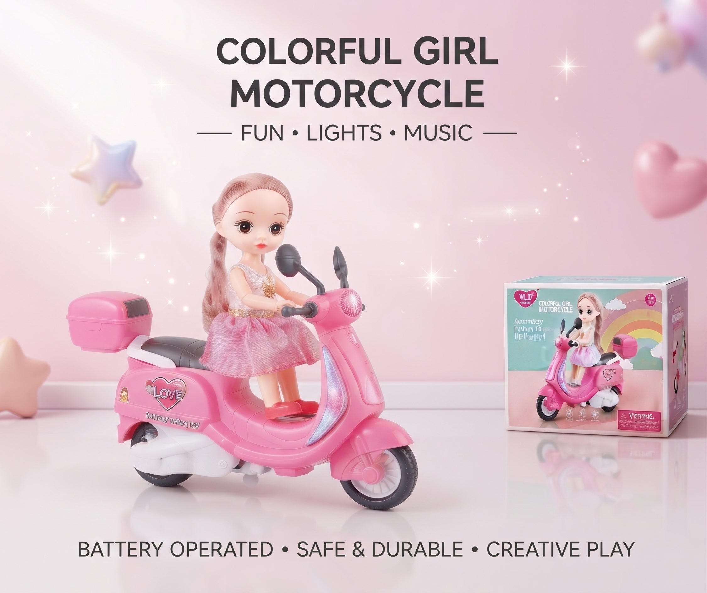 Colorful Girl Motorcycle Doll Toy – Pink Electric Scooter Play Set with Cute Fashion Doll, Working LED Headlight, Music, and Battery-Operated Action for Kids Age 3+