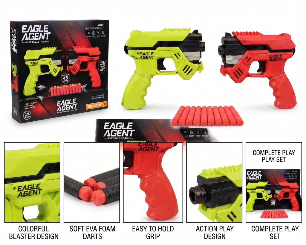 Eagle Agent Soft Bullet Gun Set – Dual Blaster Toy Set with 10 Reusable EVA Foam Darts and Display Box for Kids Age 6+