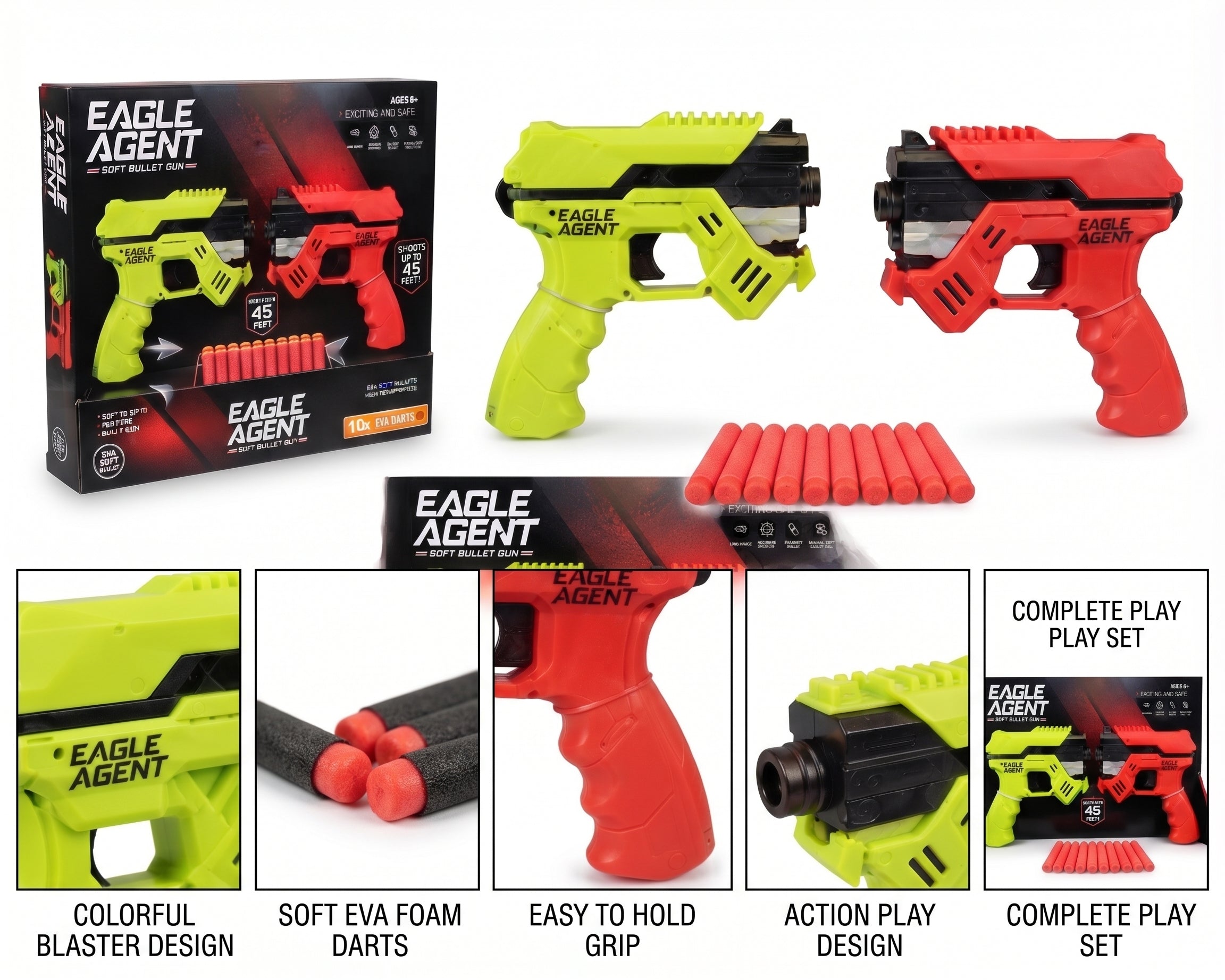 Eagle Agent Soft Bullet Gun Set – Dual Blaster Toy Set with 10 Reusable EVA Foam Darts and Display Box for Kids Age 6+