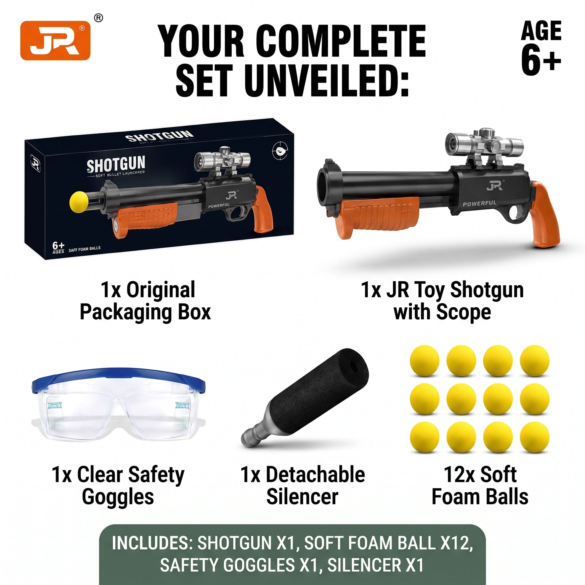 Kids Shotgun Toy with 12 Soft Foam Balls | Toy Blaster Gun with Safety Goggles & Silencer | Ages 6+