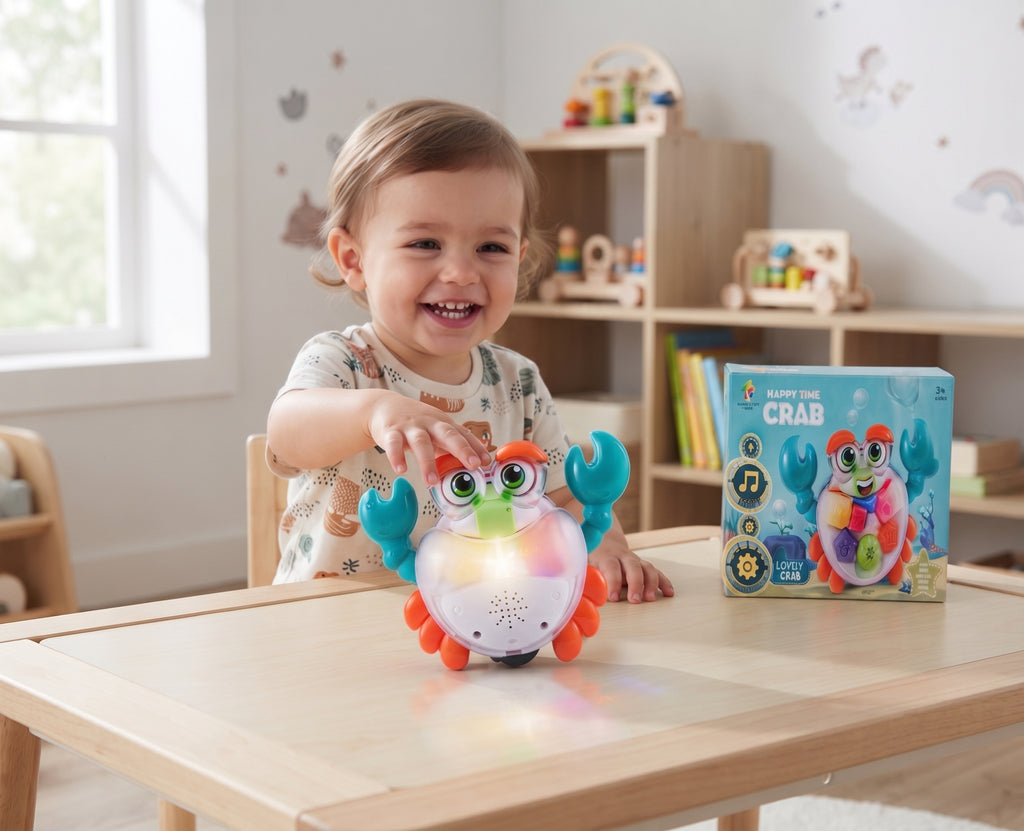 Happy Time Crab Toy – Interactive Musical Walking Crab with Colorful Shape Buttons, Glowing LED Lights, and Universal Bump-and-Go Action