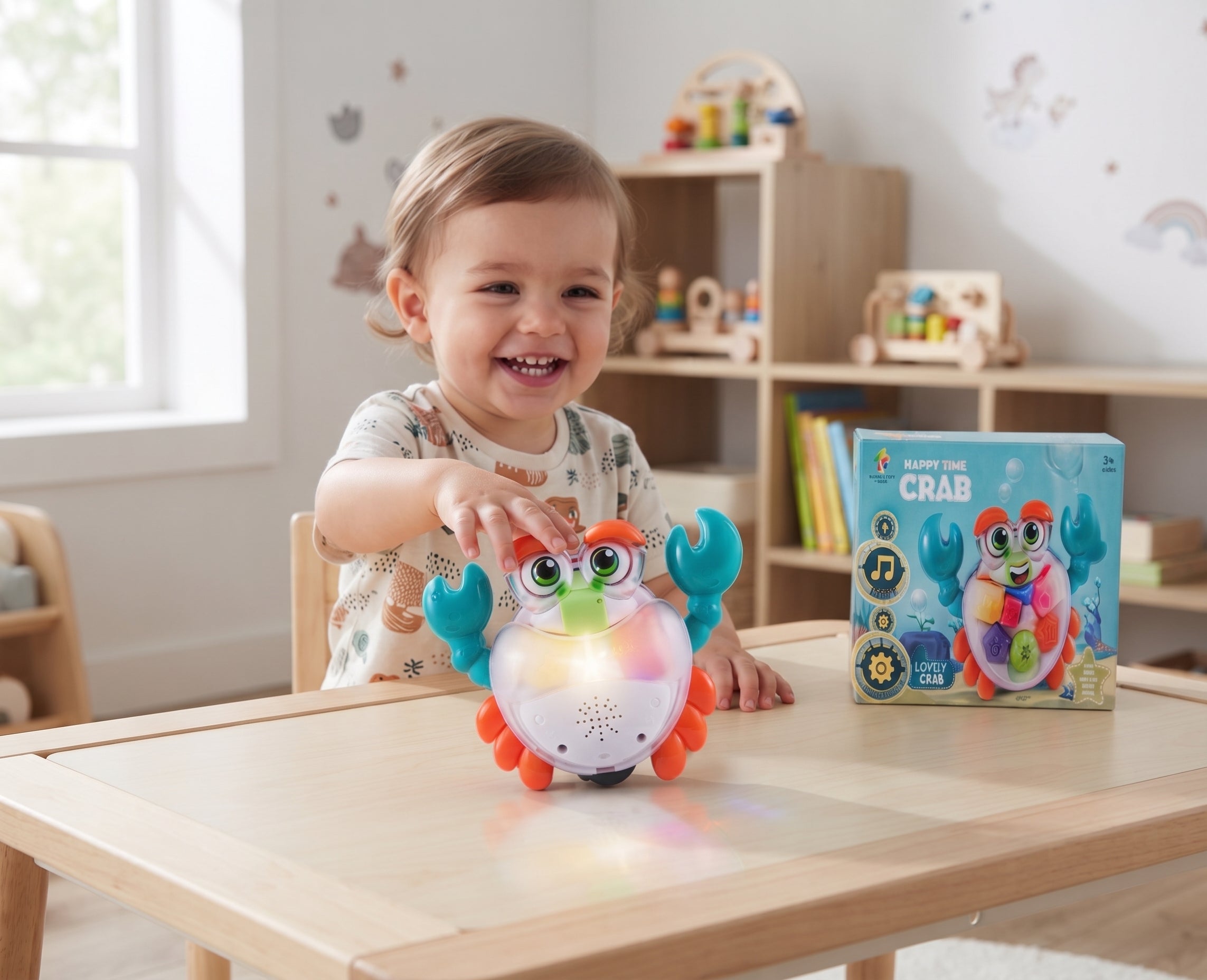 Happy Time Crab Toy – Interactive Musical Walking Crab with Colorful Shape Buttons, Glowing LED Lights, and Universal Bump-and-Go Action