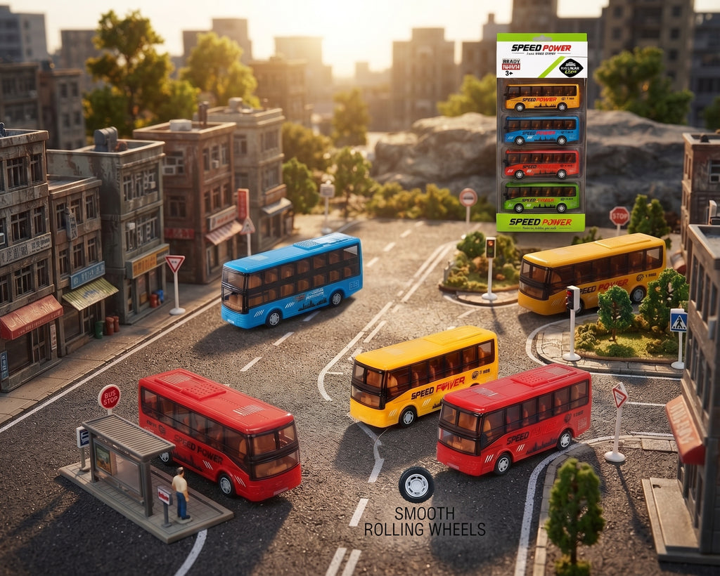Pull Back Double Decker City Bus Toy Set – 4 Colorful Mini Buses for Kids