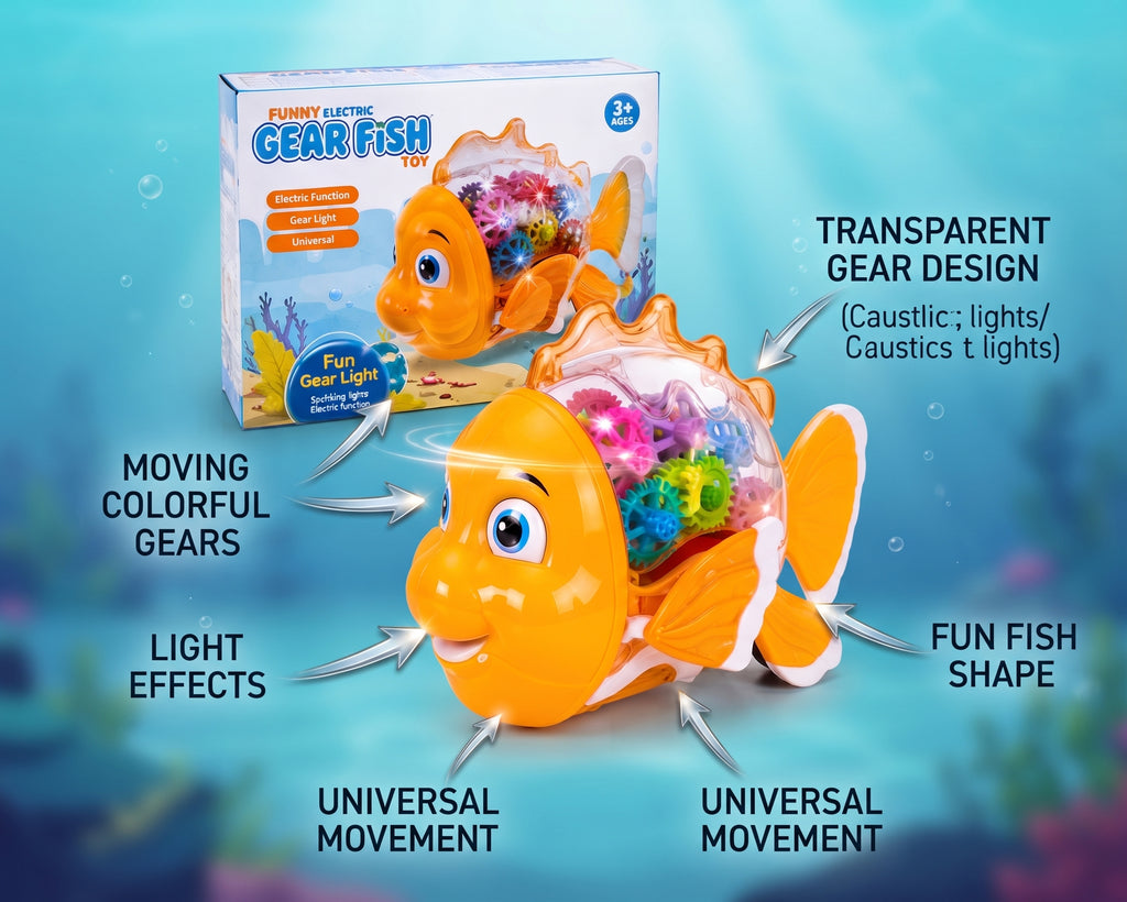 Funny Electric Gear Fish Toy – Transparent Moving Mechanical Fish with Colorful Gears, Dazzling Light Effects, and Universal Motion Bump-and-Go Action