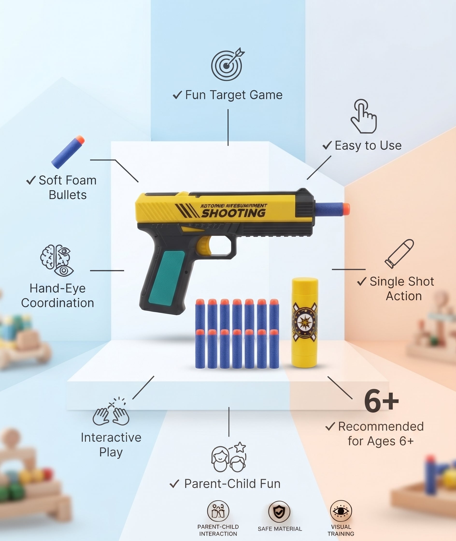 Soft Bullet Gun Toy Set with EVA Foam Bullets & Target - Safe Shooting Game & Action Toy for Kids (6+ Ages)