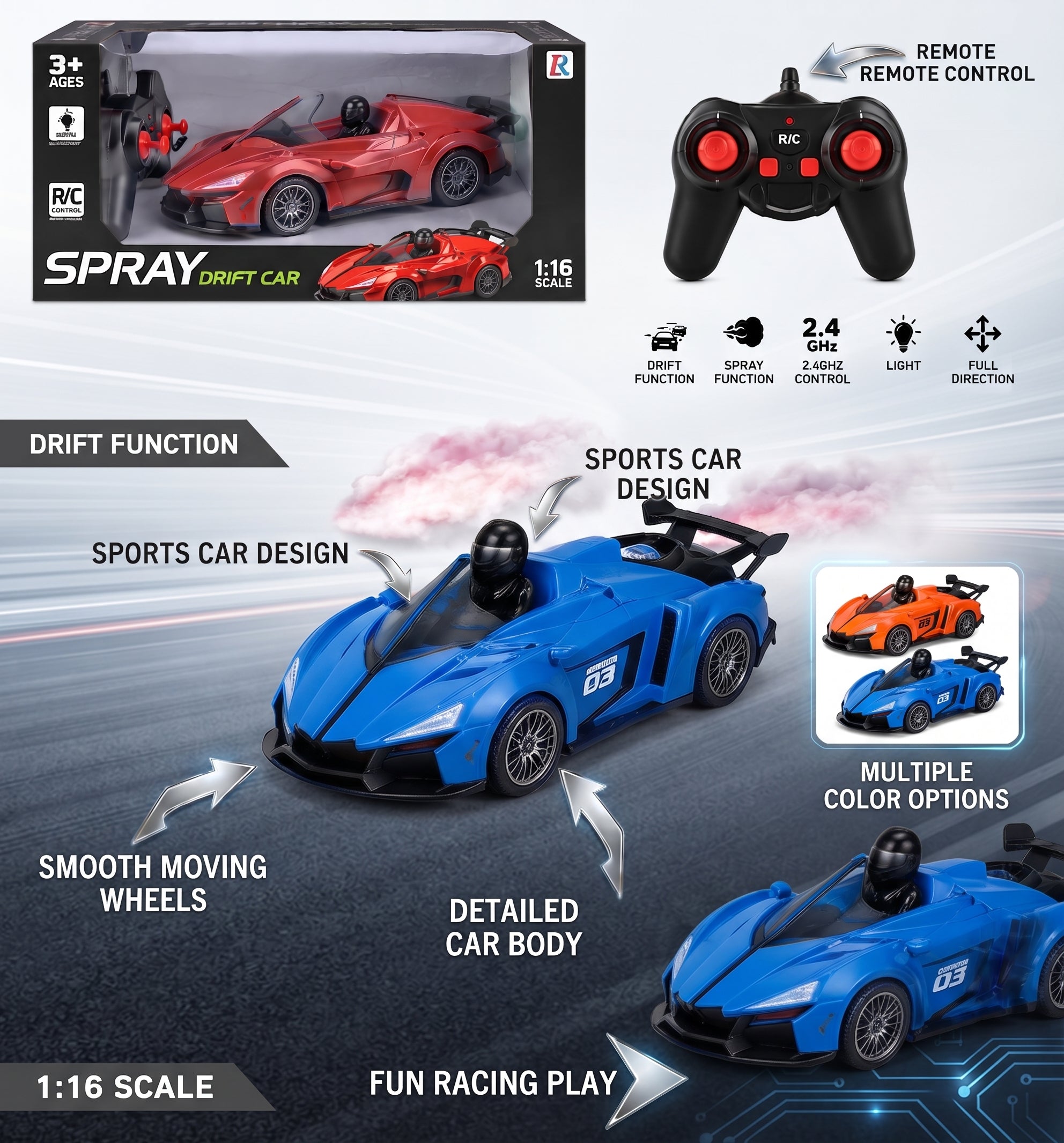 Remote Control Sports Racing Car Set – 1:16 Scale High-Speed RC Car with Controller and Display Box, Multi-Color Options (Blue/Orange)
