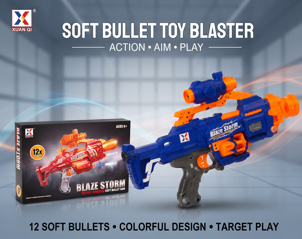 Blaze Storm Soft Bullet Toy Blaster (Item No. 7057) – Battery-Operated Foam Blaster with Tactical Scope, Rotating Cylinder, 12 Soft Bullets, and Display Box for Kids Age 6+