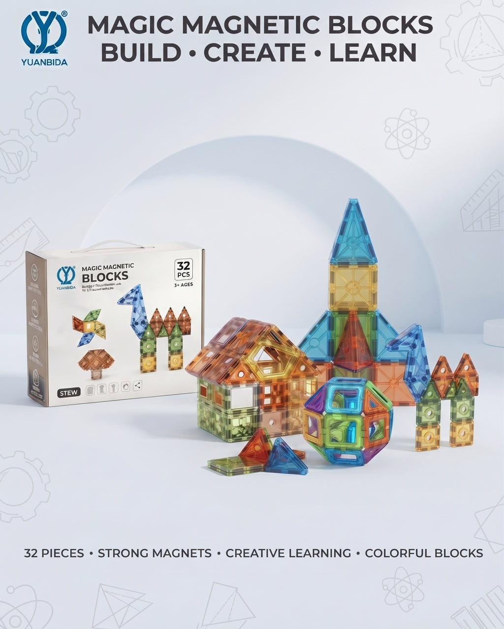 Magic Magnetic Blocks – 32-Piece STEM Educational Construction Toy Set with Transparent Colorful Tiles, Strong Magnets, and Creative Building Shapes for Kids Age 3+