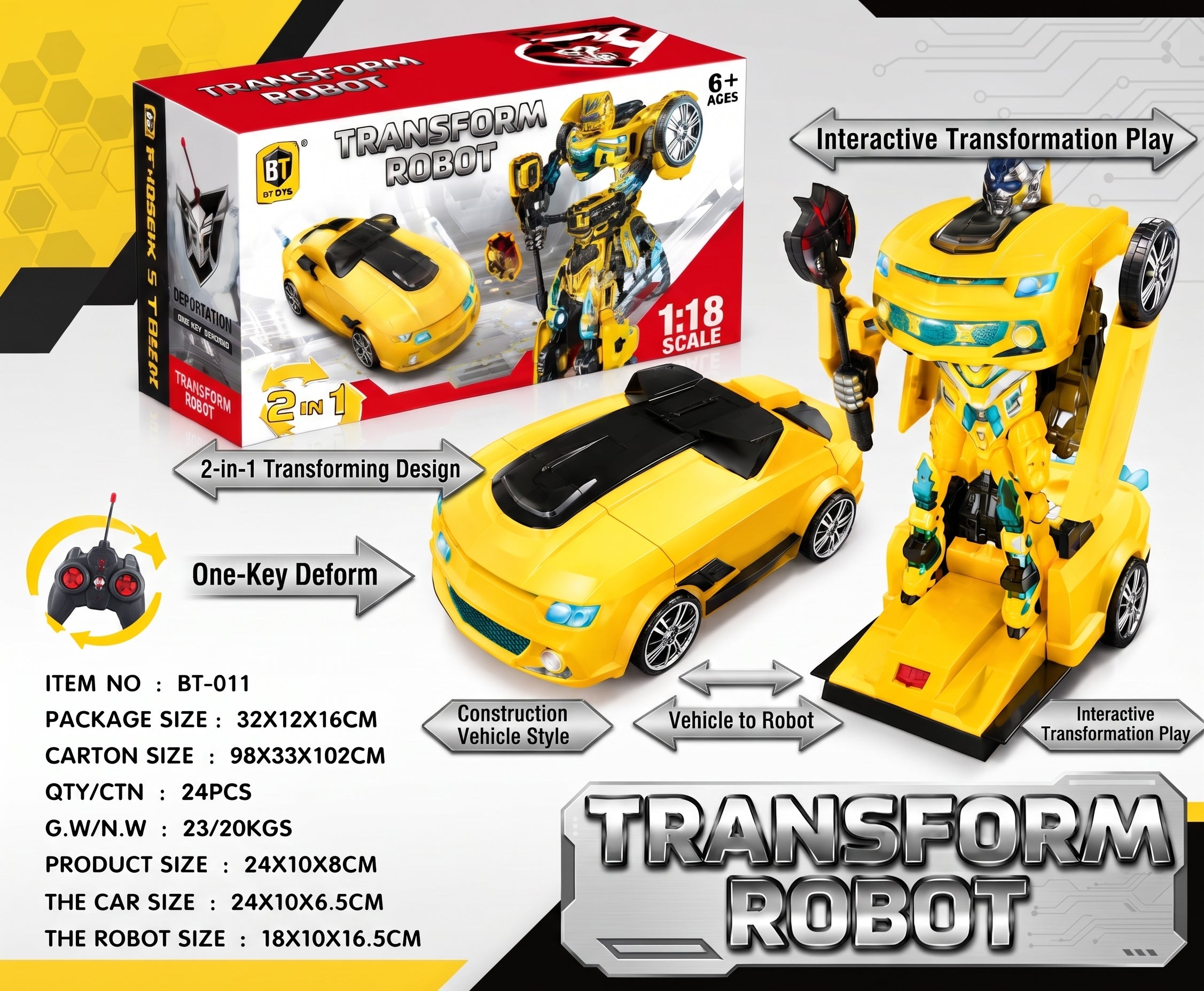 2-in-1 Transforming Construction Vehicle Robot Toy – Yellow Kids Action Playset