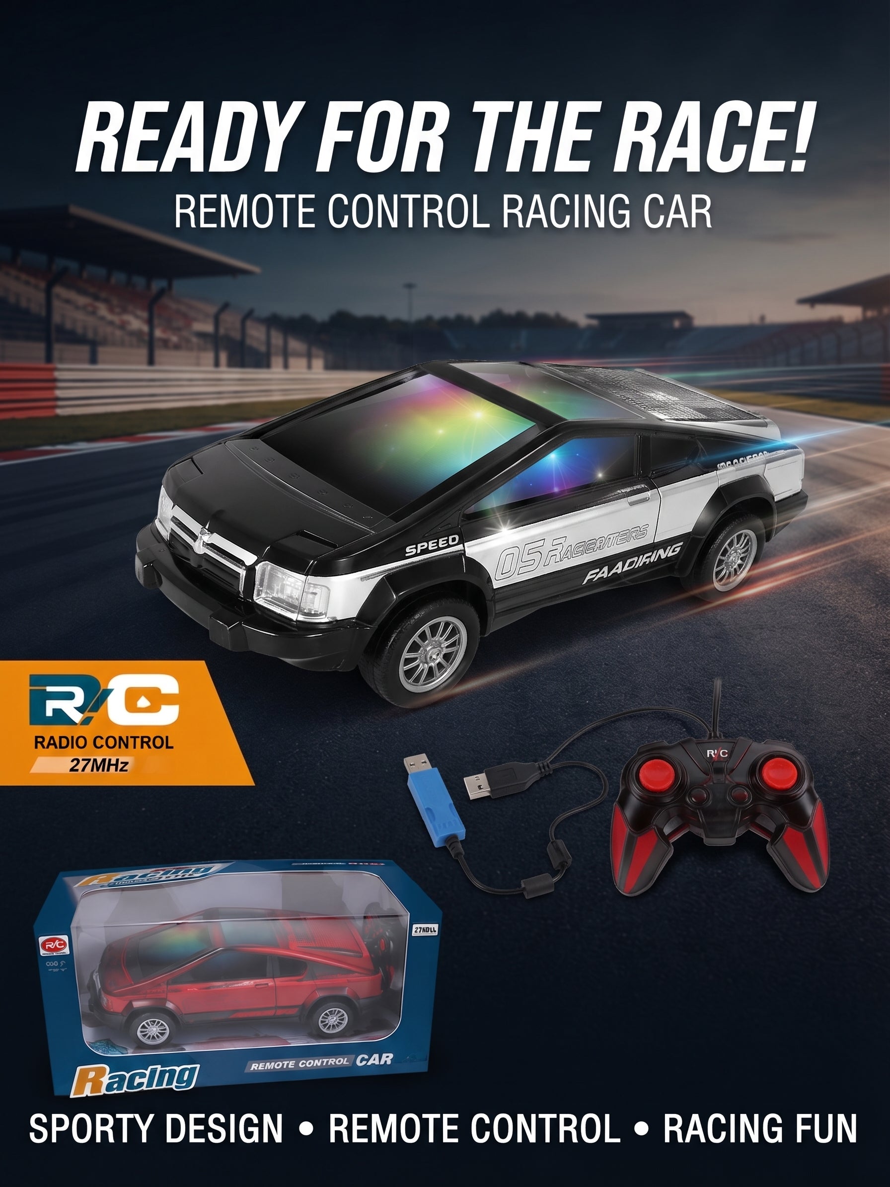 Racing Remote Control Car - 1:24 Scale RC Toy with Multi-Color Roof Lights, Full Function Radio Control, and USB Charging