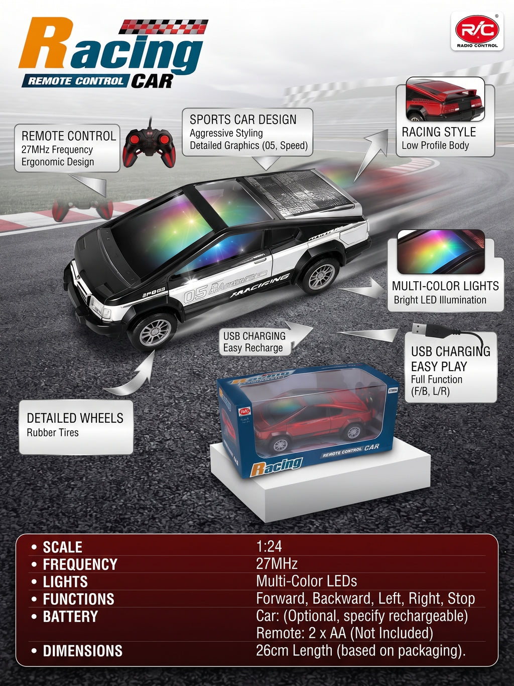 Racing Remote Control Car - 1:24 Scale RC Toy with Multi-Color Roof Lights, Full Function Radio Control, and USB Charging